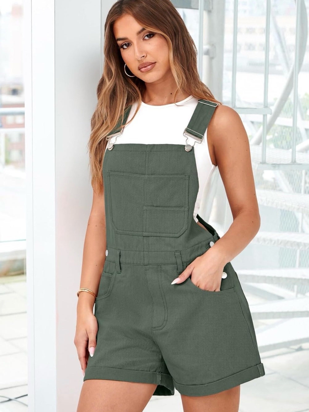 Women's Olive Green Short Denim Overalls